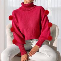 Base Layer: Autumn and Winter Women's Wear, Bat-sleeved Top, Pom-pom Patchwork High-neck Pullover Sweater S raudona