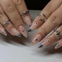 24PCS Sweet Cool Almond False Nails Pink Blush Star Patterns French Press on Nails Full Cover Metallic Silver Wearable Fake Nail