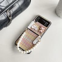 Meškos telefono dėklas, atlenkiamas sulankstomas telefono dėklas, skirtas Samsung Zflip4, su perline rankų grandinėle 5 Heart Xflip For  Samsung ZFlip3