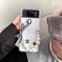 Transparent Ins Style Phone Case for Samsung Zflip6 Foldable Screen Flip W24flip Pearl Hand-held Chain Flower For  Samsung ZFlip3