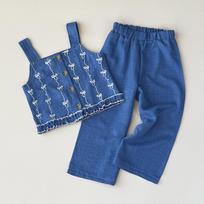 New Summer Bow-knot Printed Vest Set Children's Fashionable Suspender Wide-leg Pants Two-piece Set 23Y100 mėlyna