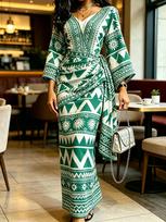 Ladies Aztec Geometric Print Bodycon Maxi Dress Green Kimono Sleeve V Neck High Waist Ruched Long Dress XS