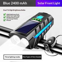 Solar Bicycle Light Bike Front Lamp With Horn Usb Rechargeable Power Display Waterproof Bike Flashlight Headlamp1Pc žalia