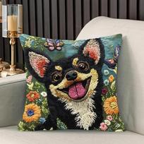 Chihuahua & Floral Cushion Covers Chair Living Room Pillowcase Cozy Zipper Sofa Pillow Covers Bedroom Indoor Home Decor Peach skin 18*18(CM)-1Pcs