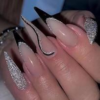 Long Stiletto Press-On Nails With French Tip Black Line Design Sparkle Powder Gel Adhesive Gel Adhesive Type