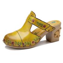 Johnature Summer Natūralios odos Retro lauko šlepetės kniedytos aukštakulniai Slides Retro spausdinti sandalai Moteriški batai 39 geltona