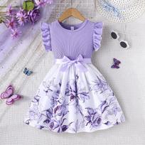 Exclusively For Girls' Sweet and Ladylike Floral Print Pattern Flying Sleeve Sleeveless Dress and Belt 4Y violetinė