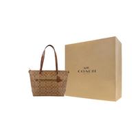 COACH Gallery drobės ir odinė rankinė-tote, pirkinių krepšys, rankinė, peties rankinė moterims, chaki ruda Gift Box Set (Basic Set + Yellow Gift Box) brown