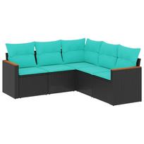 5 Piece Garden Sofa Set with Cushions Black Poly Rattan