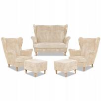 Bonito poilsio kambario komplektas su atlošiamaisiais krėslais, sofa, foteliais ir pufais Family Furniture smėlio spalvos velvetas