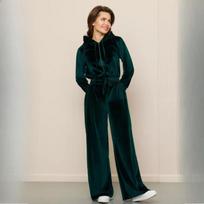 Ladies Breathable Sports 2-piece Solid Color Long-sleeved Velvet Hooded Zipper Cardigan + Elastic Waist Wide-leg Pants Ladies Suit S tamsiai žalia spalva