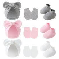 3PCS Newborn Baby Ribbed Knit Hat Mittens Socks Set Bow Headwrap Infant Anti Scratch Gloves Footies Soft Stretch Daily Wear Multi Color Options pilka