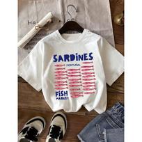 European sizes Girls' Round-neck Short-sleeve T-shirt, Hand-painted-style Sardine School and Letter Pattern Printed T-shirt 110 balta