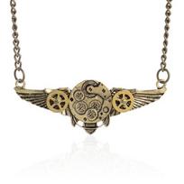 Steampunk Antique Angle Wings Gears Pendant Long Chain Statement Necklace