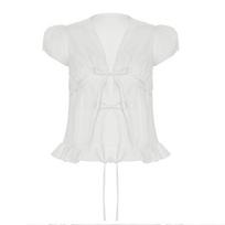Pleated Bubble Sleeve Lace-Up Shirt Women's White Lace Loose Skinny Top S balta