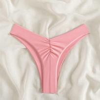 Women's Solid Pink High Cut Thong Bikini Bottom - Ruched Front Swim Bottom S rožinė