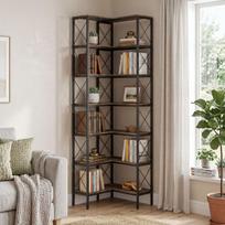 Knygų lentyna L formos laisvai pastatoma kampinė lentyna 60x60x200 cm ruda metalinė konstrukcija