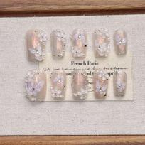 Handmade Cat Eye Nail Art Tips Short Almond Shape Sweet Floral Design Women Girls Medium