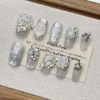 Handmade Press-On Nails With Cat Eye French Design Ice Glaze Short Almond Shape Women Medium
