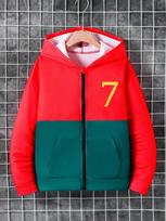 Single-piece boys' jacket, sporty soccer-themed GOAT 7 print color-blocked long-sleeved hooded jacket, autumn/winter style. 8Y raudona