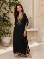 Moteriška boho siuvinėta V formos iškirptės kaftano suknelė, laisvo kirpimo, elegantiški namų drabužiai, paplūdimio apdangalas vasaros kurortui Q1545-23001 One Size juoda