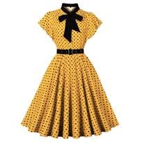 Vintage 1950s Red Polka Dot Swing Dress for Women, Short Sleeve Retro A-Line Midi Dress with Belt and Tie Collar XXL geltona