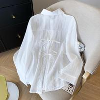 Elegant Back Slit Strap Splicing Lace Sunscreen Shirt Long Sleeved Loose Jacket for Women's Bow Tie Summer Fashion Thin Loose Fit Shirt Sweet Blouse XL šviesiai mėlyna spalva