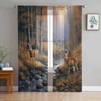 Forest Deer Creek Sheer Curtains For Living Room Bedroom Tulle Curtain For Kitchen Voile Curtain Blind Panels 135W x 160H(cm) black