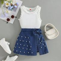 New Summer Cross-border Fungus Round Neck Top Heavy Industry Denim Beaded Culottes Set Two Pieces 4Y balta
