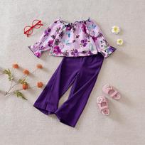 Girls Cartoon Suit Spring and Summer Children's 2-piece Set A-type Split Long-sleeved Floral Flared Trousers Clearance 912M80cm violetinė