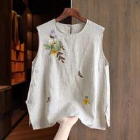 Women's Mustard Yellow Sleeveless Round Neck Embroidery Dragonfly Loose Casual Vest Top M smėlis