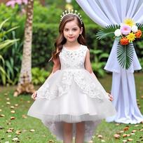 Children's Clothing Wholesale Children's Dress Princess Dress Embroidered Girls Lace Dress Flower Girl Trailing Tutu Skirt 110cm balta