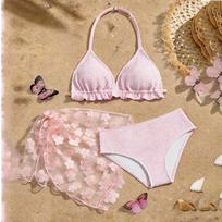 Mergaitei Gėlių Rašto Bikini Rinkinys Trys Dalys Maudymosi Kostiumas Kaklą Surišamas Viršus Aukšto Juosmens Apatinė Dalimi su Skaidria Dangstymo Sijonėliu Maudymosi Kostiumas Vaikams 10 rožinė