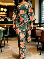 Ladies Floral Print Bodycon Maxi Dress Green Kimono Sleeve V Neck High Waist Ruched Long Dress XS