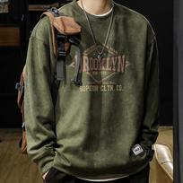 Men's American Retro Suede Crew Neck Sweatshirt - Loose Fit, Long Sleeve, Trendy Spring/Autumn Top M (recommended for 45-55 kg)