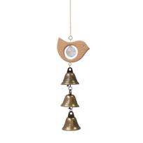 Crystal Bell Wind Chime Home Decor Hanging Ornament with Wooden Bird Design and Three Metal Bells for Indoor Outdoor Use One Size
