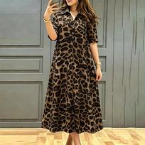 ZANZEA Women Casual Turn Down Collar Loose Leopard Printed Short Sleeve Dress 5XL šviesiai ruda spalva