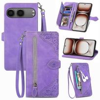 For OnePlus Nord 4 Zipper Wallet Case with Strap Flower Imprint PU Leather Phone Cover Brown ruda