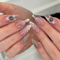 24pcs/set Detachable Press on Nails Pink Flower Fake Nail Tips New False Nail  Women Style H brown