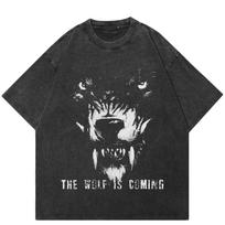 Streetwear Wolf Vintage Washed Black T-Shirt Cotton Y2K Unisex Relaxed Fit Tops Tees XXL juoda