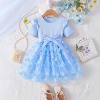 2026 summer new girls short-sleeved dress Korean version 3d flower princess dress children's birthday first year dress dress 90cm mėlyna