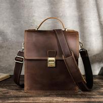Men Crazy Horse Leather Crossbody Messenger Bag Lock Clasp Multi-Compartment Vertical kava