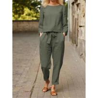 Women 2 Piece Linen Outfit Boat Neck 3/4 Sleeve Crop Top Drawstring Jogger Pants Casual Set L armijos žalia spalva