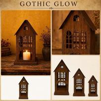 Metalinis tuščiaviduris žvakidė Bažnyčios stiliaus žibintas Dekoratyvinis geležies namelis Ornamentas Namų stalo dekoravimui one size black