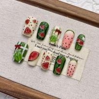 Handmade Press-On Nails Watermelon Cute Style Short Almond Shape Nail Art Women Girls Medium