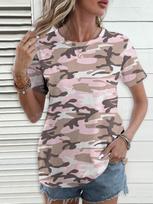 Vasariniai kamufliažiniai 3D spausdinimo marškinėliai moterims Streetwear mada Laisvalaikio Y2k trumpomis rankovėmis marškinėliai O formos iškirptės viršūnės drabužiai M gray