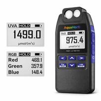 The PAR meter for grow lights supports PPFD measurement from 400 to 750 nm and UVA measurement from 320 to 400 displaying and red PAR and can record