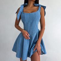 Spring Fashion Sexy Girl Tie-Up Fishbone Waistline Dress Street Style Denim Overalls XL mėlyna