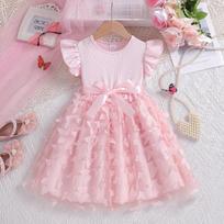 Girls Dress Summer 2026 Children's Small Flying Sleeve Butterfly Mesh Princess Dress Summer Dress 100cm rožinė
