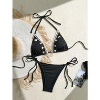 Rudos briaunotos kriauklės ir jūrų žvaigždės dekoras Bikini rinkinys Trikampis su raišteliais šonuose Dviejų dalių maudymosi kostiumas S juoda